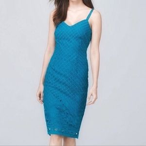NWT WHBM Crochet Dress 00, Turquoise Petrol Blue Lace Strappy Sheath Pencil Slip
